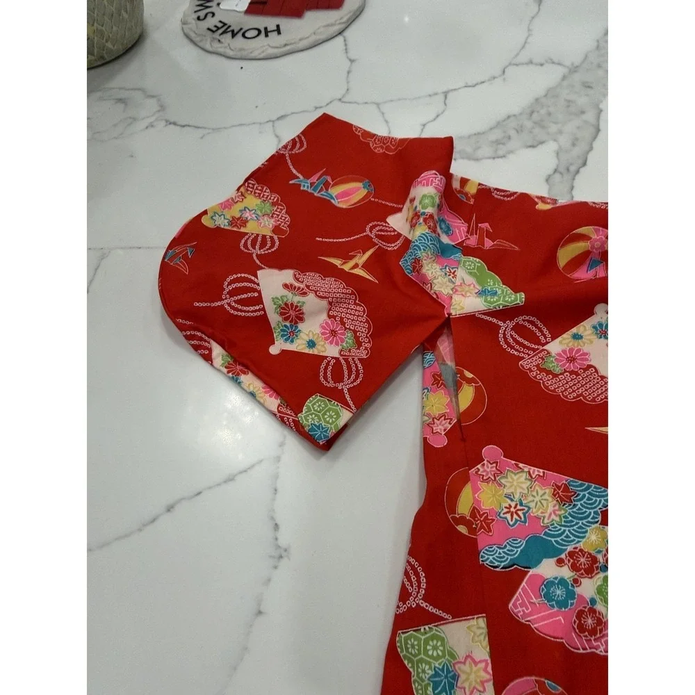 Kimono Kaftan Dress Girls 3-4 Years Red Floral V Neck Short Sleeve Japanese‎